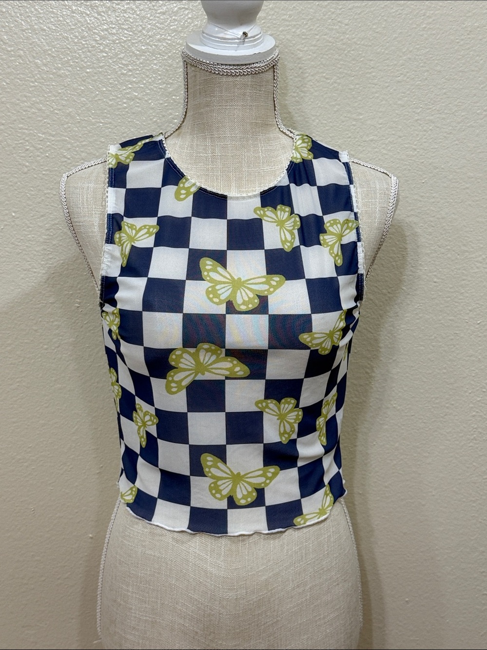 Forever 21 Blue Green Checkered Butterfly Mesh Crop Top Y2K Style Size Medium